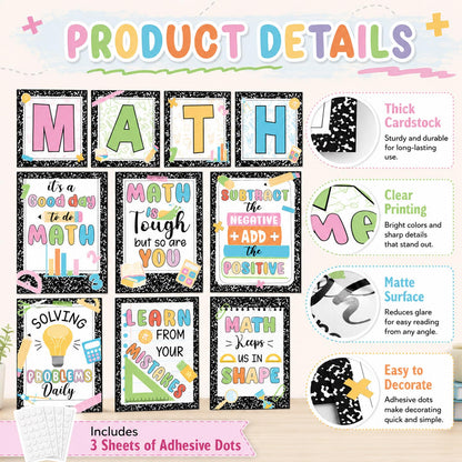 10PCS Composition Math Posters Math Inspirational Wall Chart Black White Speckle Classroom Decor Educational Mathematics Bulletin Board Decor for Elementary Middle School Teacher Chalkboard Supplies