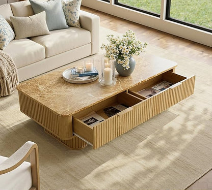 win2win Fluted Coffee Table with Storage, Boho Modern Coffee Table with Faux Marble Top, Minimalist Rectangle Center Table with Sculptural Pedestal Legs & Drawers for Living Room, Office, Oak