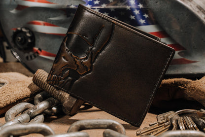 House of Jack Co. Skull Double ID Bifold Wallet for Men, Full Grain Leather Bifold Wallet, 2 ID Windows, 10 Card Slots, Skull Wallet, Black