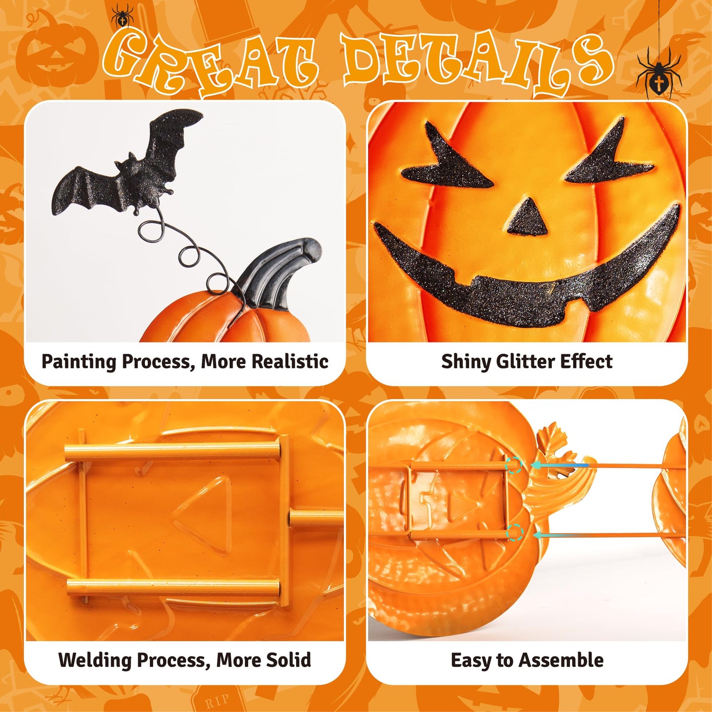 CAMATET Halloween Metal Pumpkin Yard Stakes, Stackable Pumpkin Signs Garden Stake with Witch Door Hanging, Outdoor Halloween Decorations for Lawn Party (Set of 3, Style A)