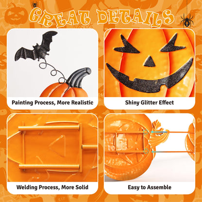 CAMATET Halloween Metal Pumpkin Yard Stakes, Stackable Pumpkin Signs Garden Stake with Witch Door Hanging, Outdoor Halloween Decorations for Lawn Party (Set of 3, Style A)