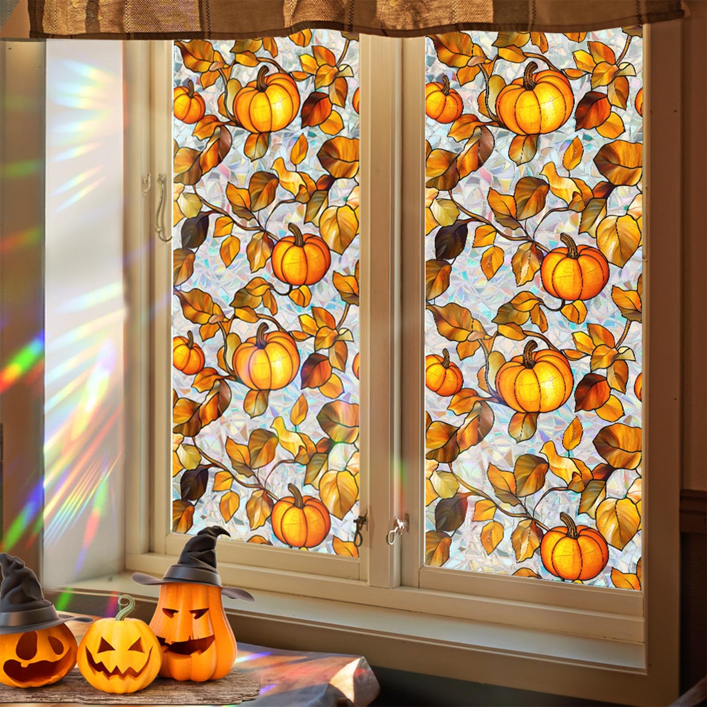 Niviy Pumpkin Thanksgiving Halloween Fall Window Clings, Stained Glass Window Film for Windows Autumn Clings Autumn Home Office Decorations for Indoor Outdoor (16.93 x 39.37inch)
