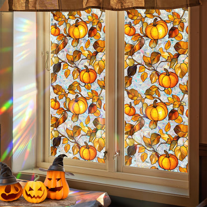 Niviy Pumpkin Thanksgiving Halloween Fall Window Clings, Stained Glass Window Film for Windows Autumn Clings Autumn Home Office Decorations for Indoor Outdoor (16.93 x 39.37inch)