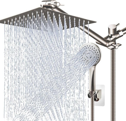 (Brushed Nickel),12'' High Pressure Rain Shower Head with 11'' Adjustable Extension Arm and 5 Settings Handheld Shower Head Combo,Powerful Shower Spray Against Low Pressure Water