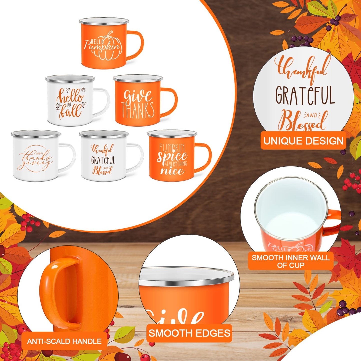 Fall Coffee Mugs 12 oz Thanksgiving Enamel Mug Autumn Coffee Mug Outdoor Camper Mug Hello Fall Pumpkin Spice Give Thanks Sign Camping Tea Cup Decor for Christmas Halloween Party Campfire(24 Pcs)