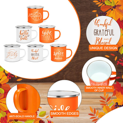 Fall Coffee Mugs 12 oz Thanksgiving Enamel Mug Autumn Coffee Mug Outdoor Camper Mug Hello Fall Pumpkin Spice Give Thanks Sign Camping Tea Cup Decor for Christmas Halloween Party Campfire(24 Pcs)
