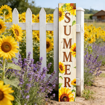 Hello Summer wooden porch sign Vertical hanging decorations Welcome sign front door standing Decorative sign 47x7.8Inch Sunflower pattern Suitable for Outside Decor