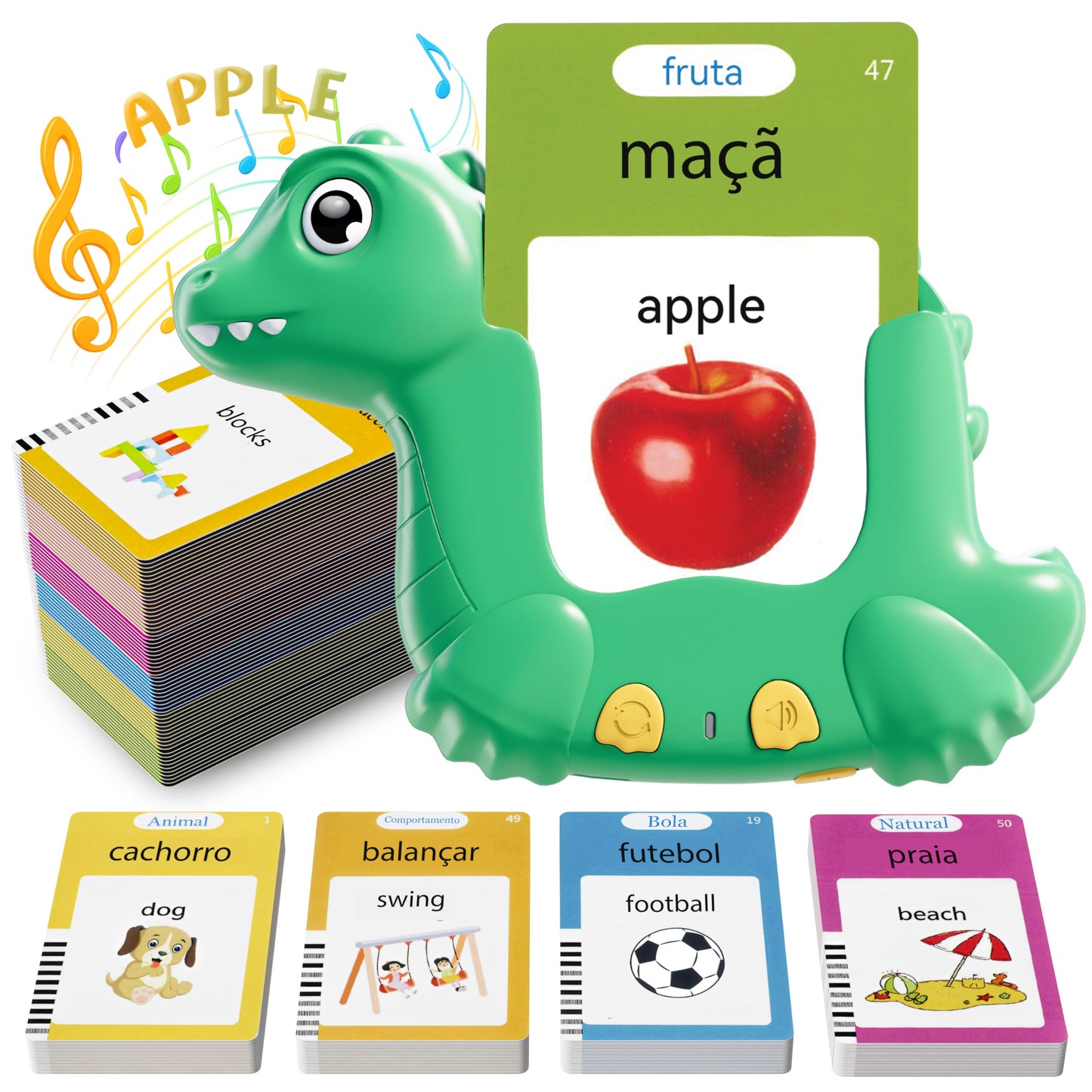 Portuguese and English Talking Flash Cards for Kids, 510 Sight Words Bilingual Learning Toys for Toddlers, Brazilian Portuguese Alphabet Flashcards Pocket Speech Therapy Toys, Dinosaur Shaped