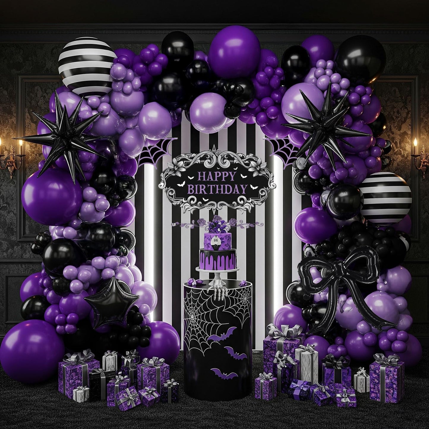 Purple Black Balloon Arch Garland Kit with Bow Star Mylar balloons and Gothic Birthday Backdrop Black white striped balloons for Gothic Girl TV Drama Decorations Spooky Halloween k pop Party Supplies