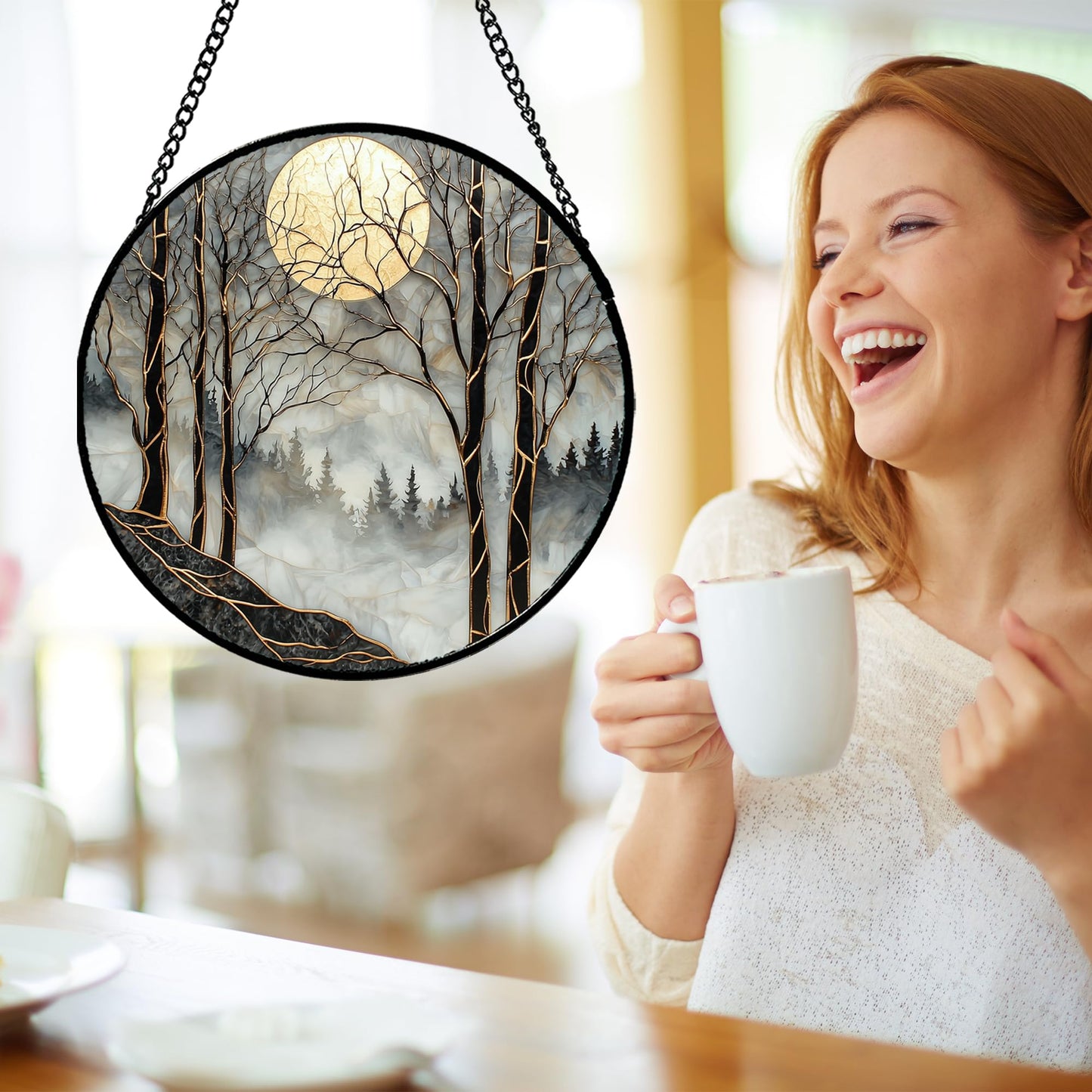 AMDERVEN Stained Glass Window Hanging - Grey Moon Forest Sun Catcher for Door Home Decor Suncatcher Christmas Mother's Day Birthday Gifts for Women Men Lovers Mom Nana 7.8 in