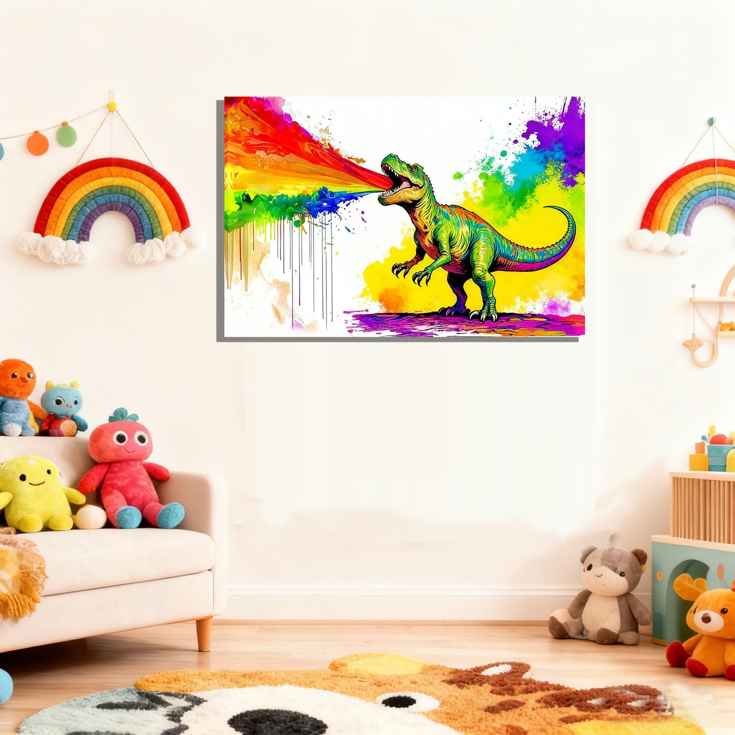 16x24 Graffiti Wall Art Colorful T-Rex Spitting Rainbow Fire Framed Canvas Dianosaur Prints Decor Pop Cartoon Picture Kids Nursey Bathroom Pictures Teen Boys Bedroom Child Funny Animals Posters
