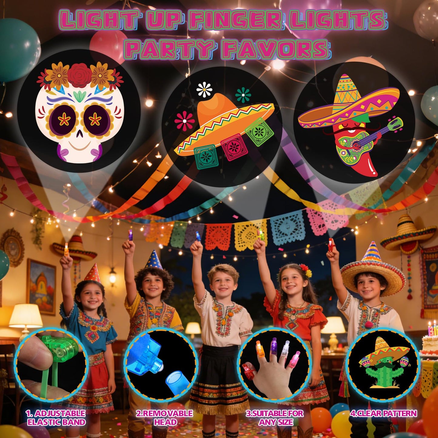 Sauyoza 36 Pack Mexican Party Favors LED Finger Lights Bulk, Cinco de Mayo Party Goodie Bags Fillers, Glow in the Dark Mexican Party Supplies, Classroom Treasure Box Rewards
