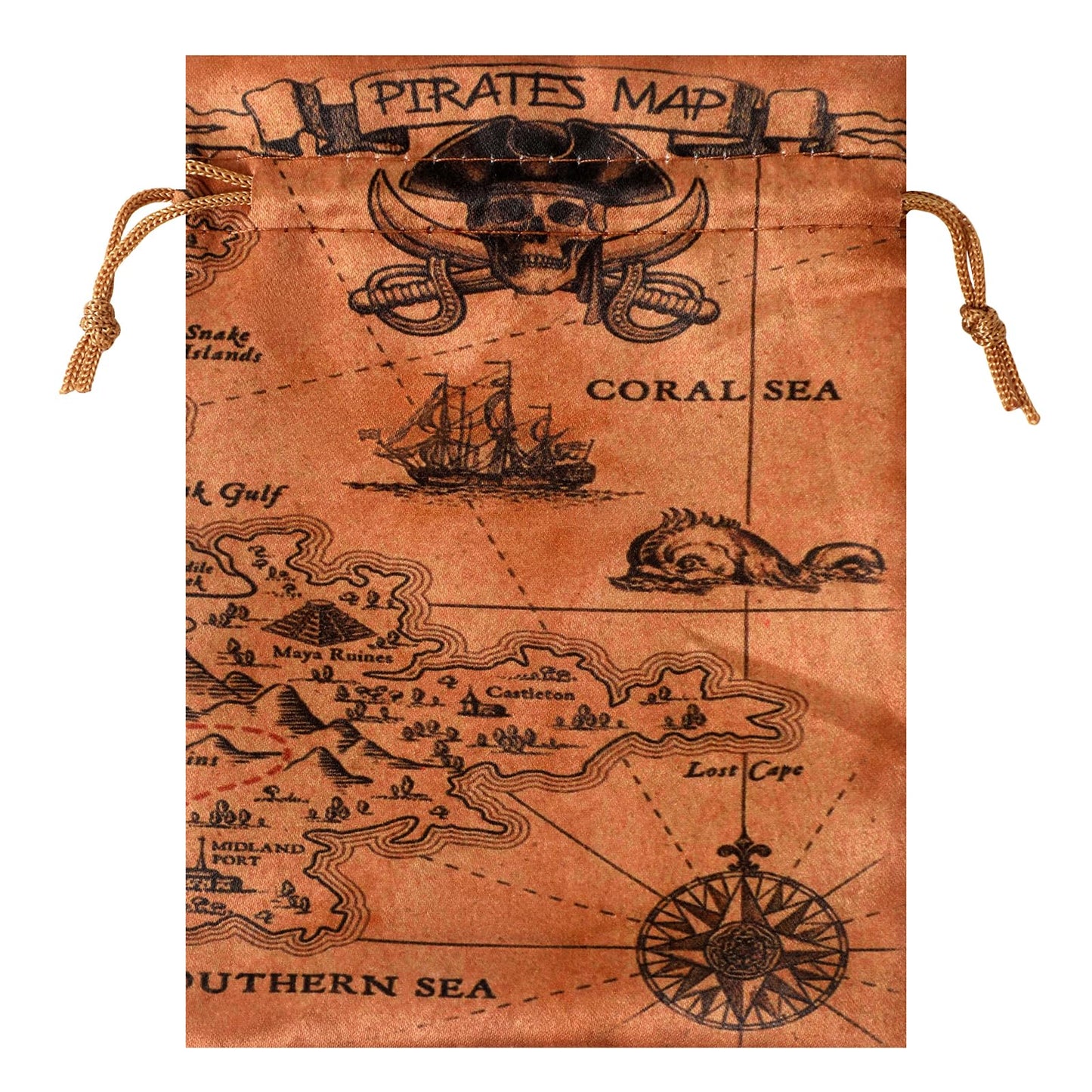 RICHNESS 16pcs Pirate Party Favor Bags Treasure Map Bag with Drawstring Closure Satin Party Loot Bags 4.5X6 Inches Goodie Bags