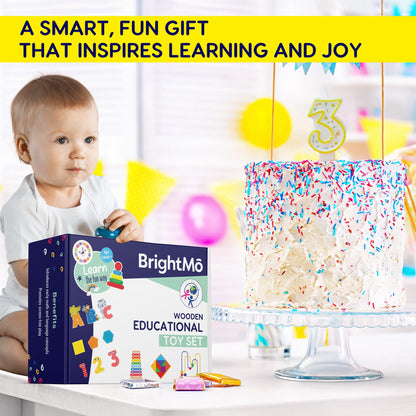 BrightMō 8-in-1 Montessori Wooden Activity Toy for 3 Year Old Boys & Girls – Alphabet, Numbers, Shape Sorting & Xylophone – Preschool Educational Learning Set