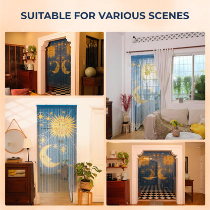 Moon & Sun Beaded Wooden Curtain - Durable Natural Wood Beads for Doorways & Home Decor, Handcrafted, Ideal for Boho-Style Interiors (79'' L x 36'' W)