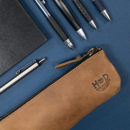 Hide & Drink, Rectangular Pencil Case, Pen & Marker Pouch for Men and Women, Flat Zippered Holder, Classic Style for Artists, Full Grain Leather, Handmade, Single Malt Mahogany