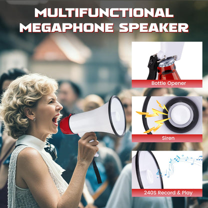MyMealivos 20W Megaphone Bullhorn, Built in Siren & 240s Recording, 5.4"×8.6" Portable Megaphone with Volume Control Cover Up to 300 feet+ for Indoor and Outdoor Activities(White&Red)