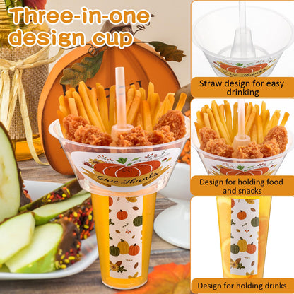 SiliFine 25 Sets of Thanksgiving Pumpkin Party Drink and Snack Cup with Straws Fall Disposable Plastic Tumbler with Snack Bowl Cup Thanksgiving Combo for French Fries Fried Chicken Fruit