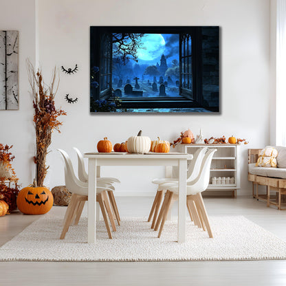 AMAZING WALL Graveyard Fake Window Sticke –3D Haunted Cemetery Illusion Wall Decal with Full Moon & Gothic View–Peel and Stick Halloween Decoration for Home,Door,Wall,32x48in/2PCS