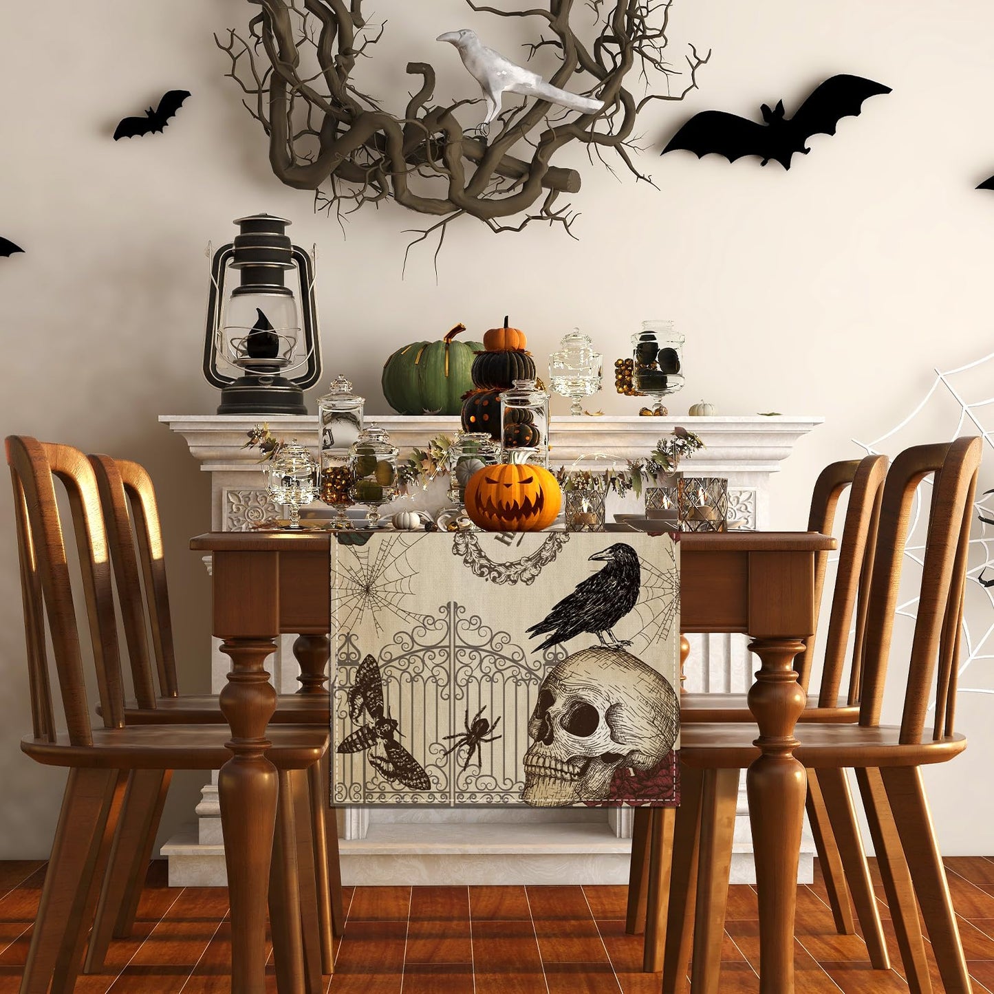 Retro Halloween Table Runner Halloween Gothic Skull Tablecloth Day of The Dead Roses Skull Decor Halloween Decorations and Supplies for Home Kitchen Table-13×108’’