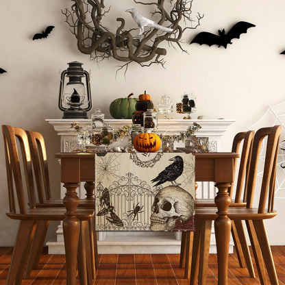 Retro Halloween Table Runner Halloween Gothic Skull Tablecloth Day of The Dead Roses Skull Decor Halloween Decorations and Supplies for Home Kitchen Table-13×108’’