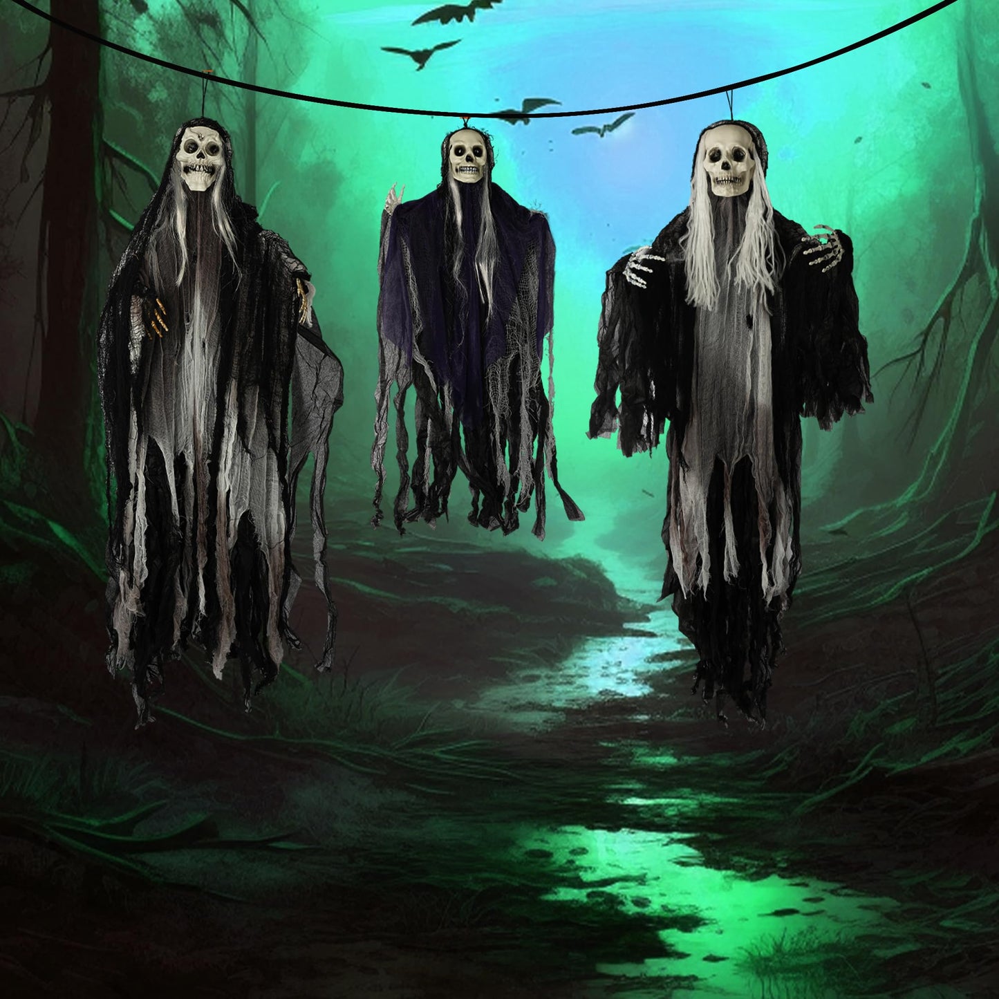 Hourleey 3 Pack Halloween Hanging Ghosts Decorations Outdoor, Scary Flying Grim Reapers Skeleton, Skull Ghost Halloween Decor for Yard Porch Frontdoor Party Haunted House Props