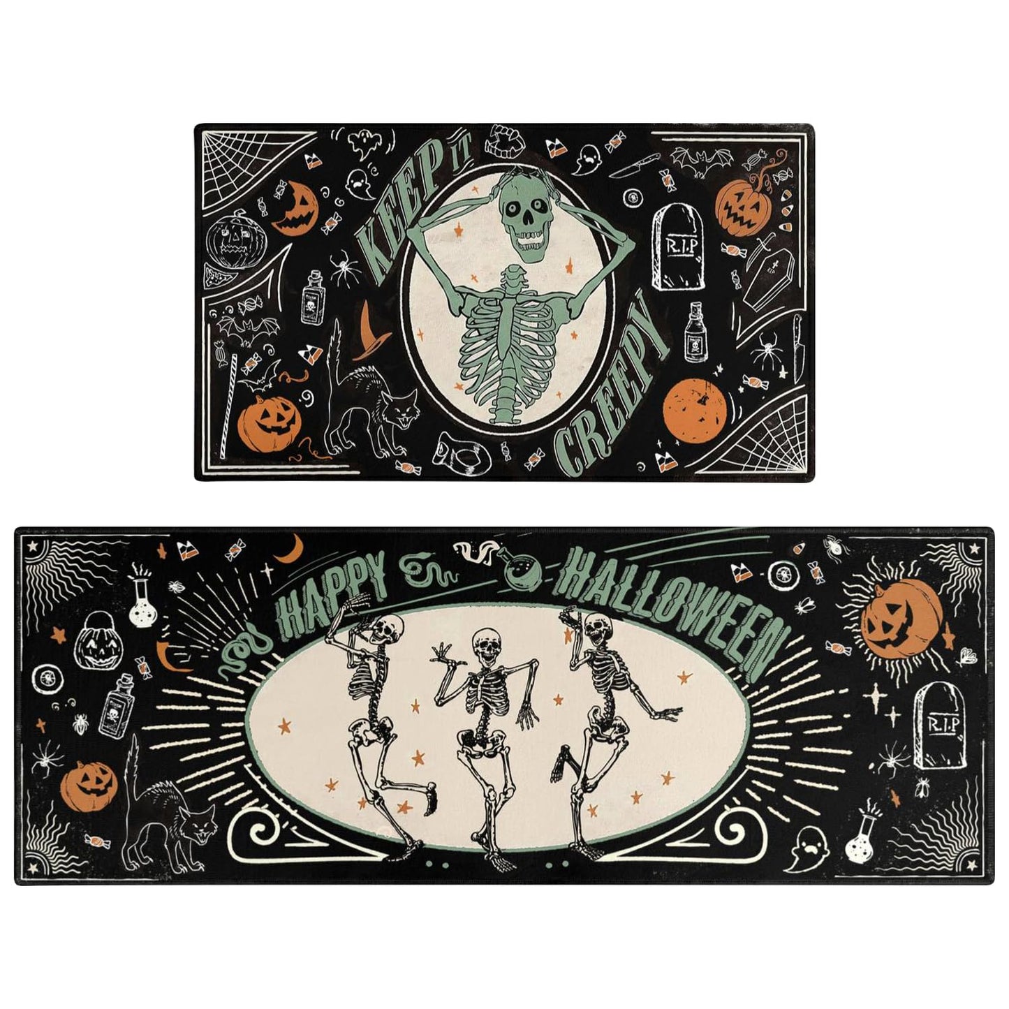 Faptoena Halloween Kitchen Mat Set of 2,Happy Halloween Skeleton Creepy Mats and Rugs Non Skid Washable for Kitchen Home Decor,Halloween Decorations and Accessories (17"x47"+17"x30")