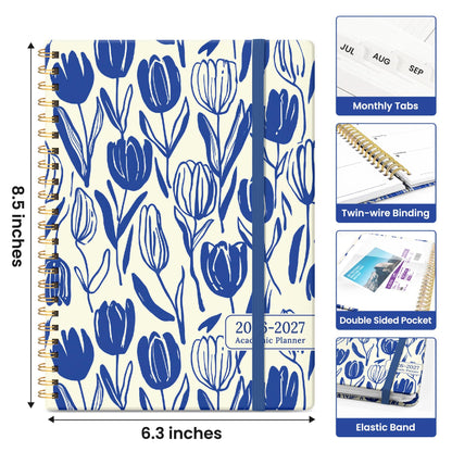 Planner 2026-2027, Academic Year Weekly and Monthly Calender Planner, from Jul 2026 - Jun 2027, Spiral Bound School Planning Book, Perfect for Teacher, Student, Women & Men, A5 (6.3" x 8.5"), Indigo Tulips