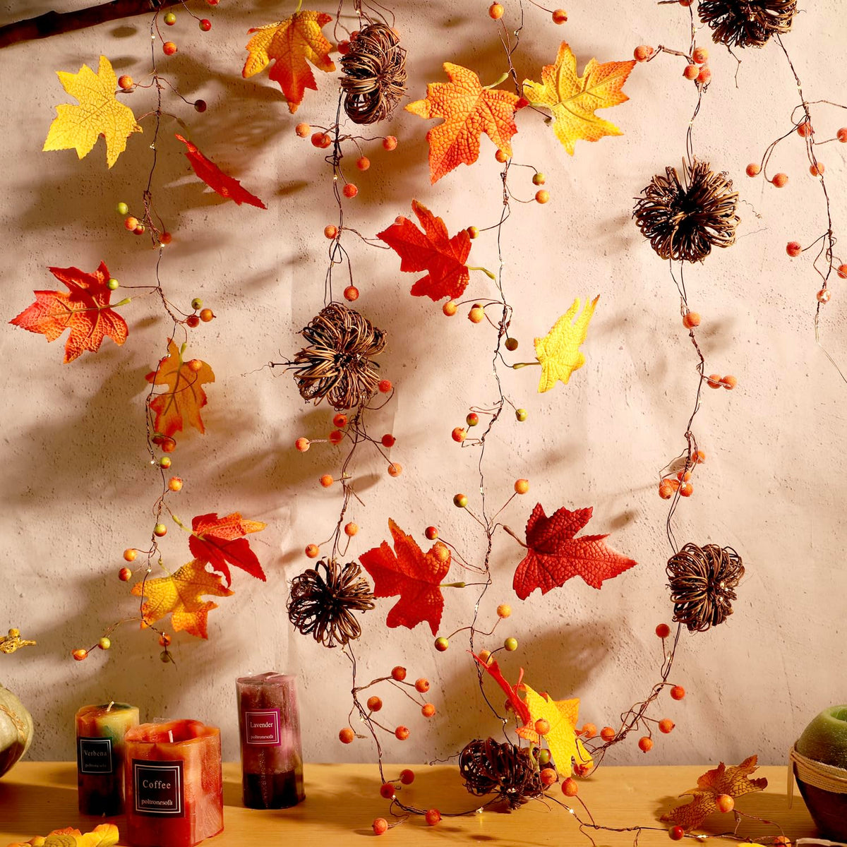 MIYA LIFE Nature Rattan Pumpkin Lights - 10FT 30 LED Cozy Fall Garland with Lights Battery Operated Charming Thanksgiving Decorations with Remote - Ideal Thanksgiving Garland Fall Decorations for Home