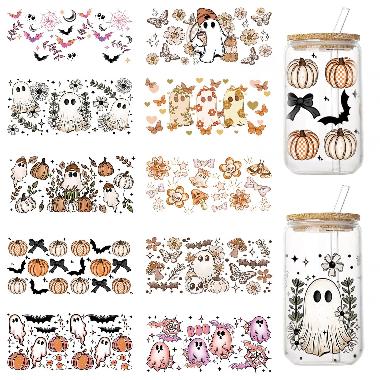10 Sheets Halloween UV DTF Transfer Stickers for Glass, Cute Ghost Flower Rub on Transfers for Autumn Cup Wrap Crafts Funny No Heat Needed Ready to Apply
