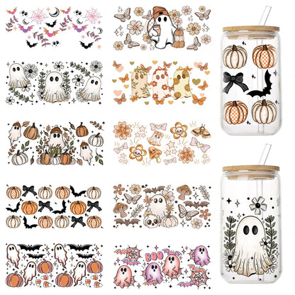 10 Sheets Halloween UV DTF Transfer Stickers for Glass, Cute Ghost Flower Rub on Transfers for Autumn Cup Wrap Crafts Funny No Heat Needed Ready to Apply
