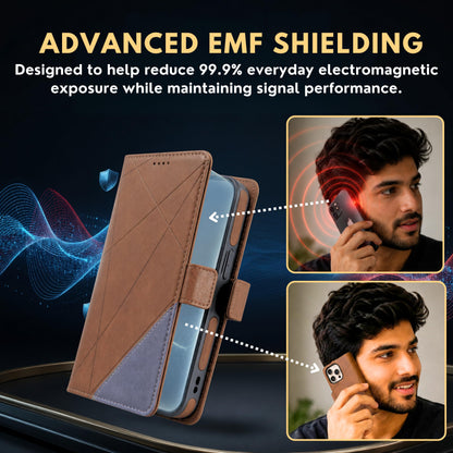 EMF Protection Anti Radiation Cell Phone Wallet Case for iPhone, EMF Blocker Genuine Leather Flip Folio Phone Cover, RFID Blocking Card Holder, MagSafe Case Wallet (Brown/Gray, iPhone 13 Pro)