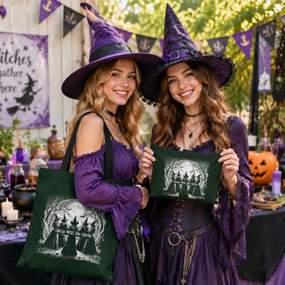 Laffact Aesthetic Witchy Canvas Bag for Women - 2Pcs Cute Girls Will Be Girls Quotes Canvas Tote Bag Makeup Pouch, Funny Black Magic Witch Reusable Grocery Shopping Handbag Gift for Halloween Birthday