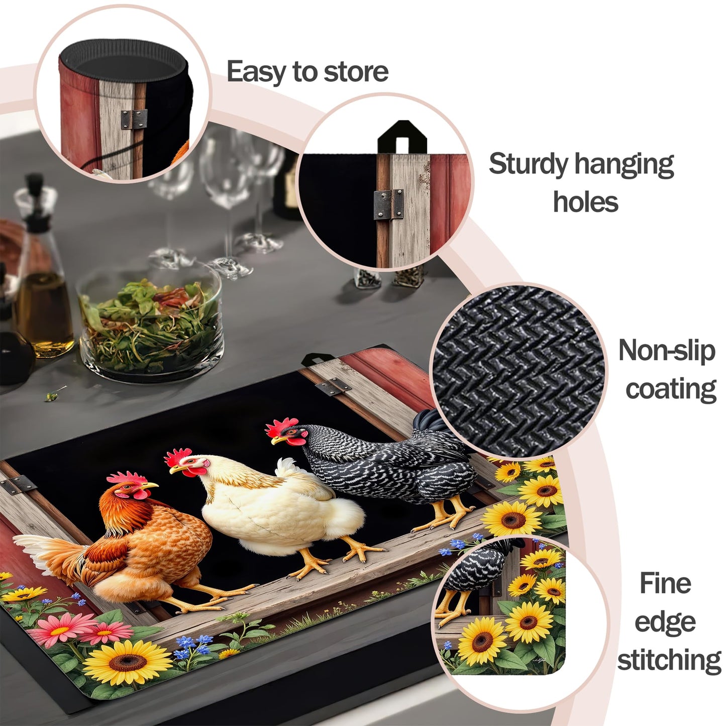 Farm Rooster Chickens Stove Top Cover for Electric Stove 28x20 Inch Silicone Stove Topper & Protector, Decorative Kitchen Mat for Electric/Glass Stove Top