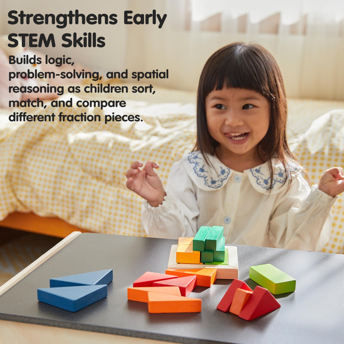 PlanToys® Fraction Blocks Wooden Montessori Early Math and Logic Toy | Fraction Learning, Shape Recognition and Sorting Activity | Eco Friendly Colourful Block Set