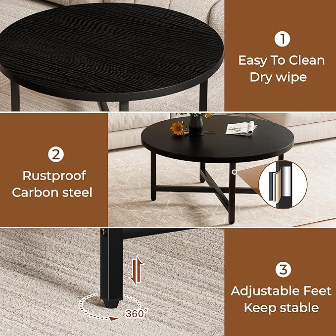 Coffee Table, 31.5" Large Coffee Tables, Black Round Coffee Tables for Living Room, Floor Table for Sitting on The Floor, Center Coffee Table with Metal Frame for Office Apartment Home