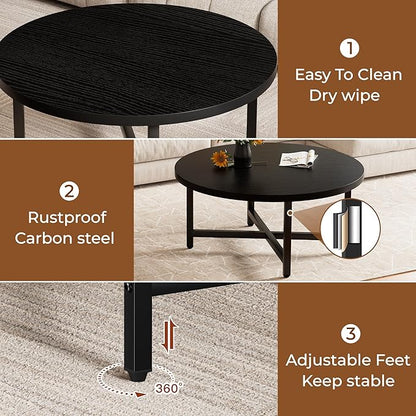 Coffee Table, 31.5" Large Coffee Tables, Black Round Coffee Tables for Living Room, Floor Table for Sitting on The Floor, Center Coffee Table with Metal Frame for Office Apartment Home