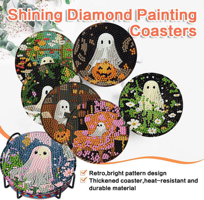 ijbnhd 8 Pack Halloween Diamond Art Coasters Kits, Halloween Diamond Painting Coasters Kit with Holder, DIY Ghost Diamonds Art Non Slip Coaster Crafts Kits for Adults Gifts 4x4 inch (Cork Wooden Pad)