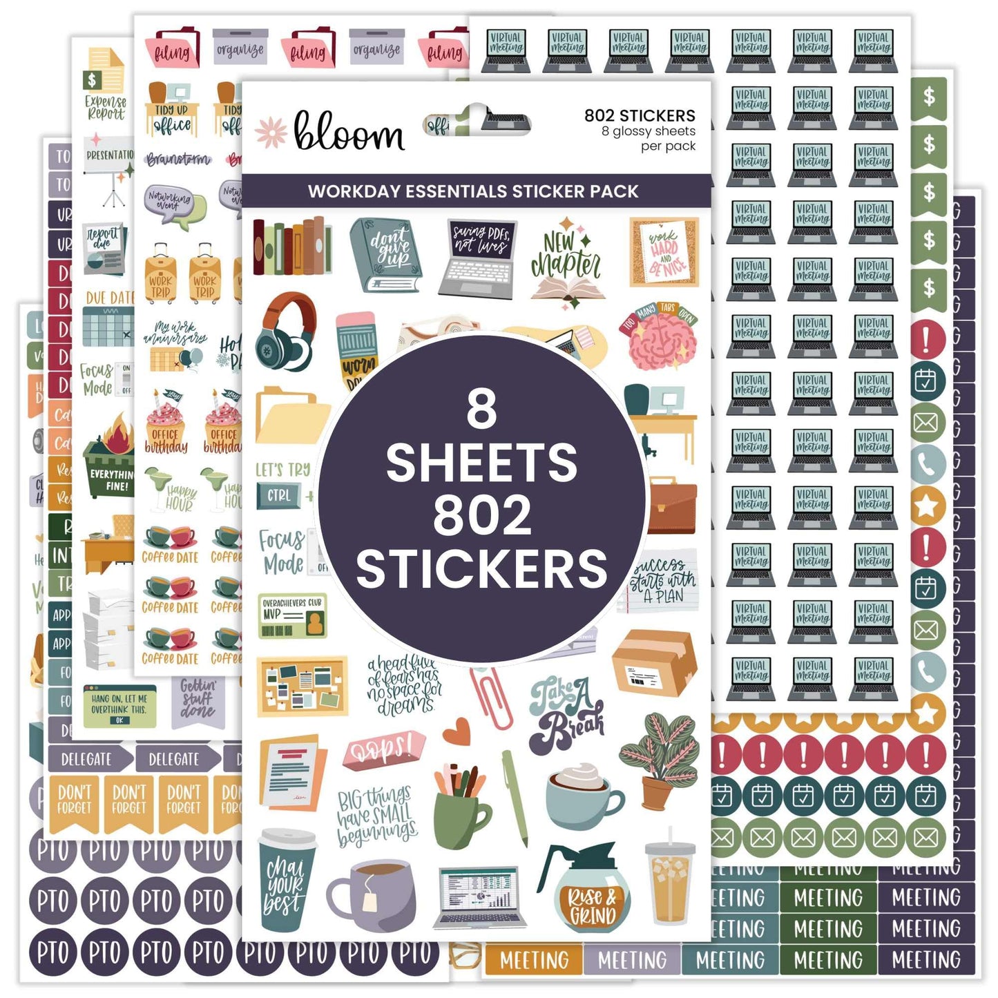 bloom daily planners Workday Essentials Planner Stickers - Productivity Variety Pack for Business Professionals - 8 Sheets / 802 Stickers - Meetings, Deadlines, Payday Icons for Work & Office