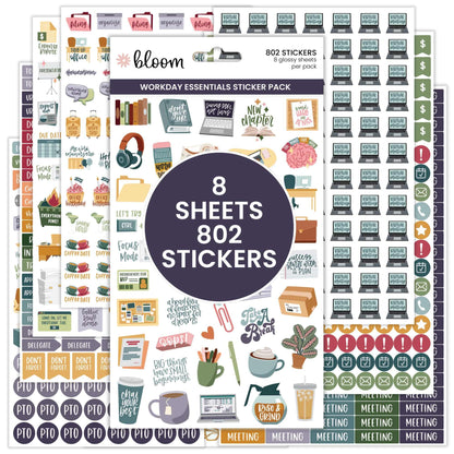 bloom daily planners Workday Essentials Planner Stickers - Productivity Variety Pack for Business Professionals - 8 Sheets / 802 Stickers - Meetings, Deadlines, Payday Icons for Work & Office