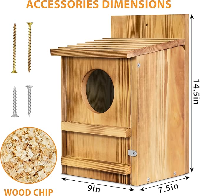 Screech Owl House, Owl Bird Box Large Handmade Wooden Circular Opening Screech Box for Outside with Mounting Screws and A Bag of Wood Shavings, Easy Assembly Required (Brown, 9" x 14.5")