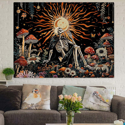 Kanuyee Fantast Meditating Skeleton Tapestry Mushroom Wall Art Tapestries Gothic Boho Room Decor Aesthetic Wall Hanging for Bedroom Dorm Living Room Fantasy Art 90x70 Inch
