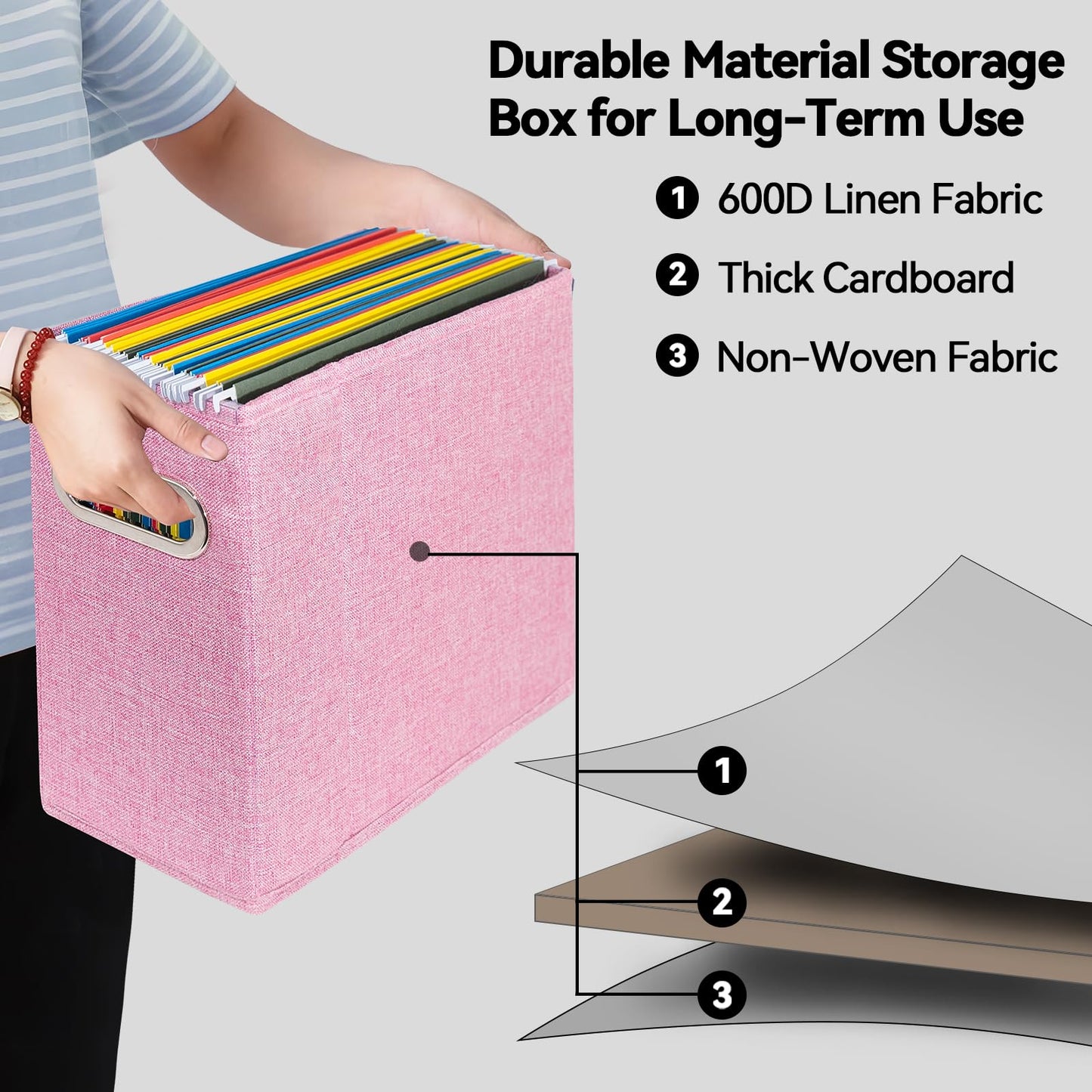 ComfortKeeper 4 Packs Letter Size File Organizer, File Folders Organizer, Fabric Storage Box, Collapsible Paper Organizer with Metal Handle, Smooth PVC Rails, Only Box (Pink)