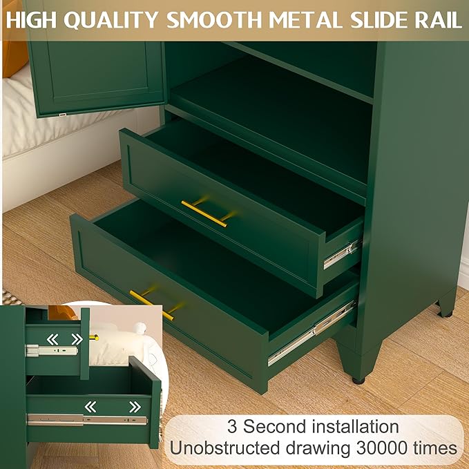 GAIOUS 71" Wardrobe Cabinet with 2 Doors, 1 Adjustable Shelf and 2 Drawers | Metal Clothing Storage Cabinets with Hanging Rod, Armoire Wardrobe Closet for Bedroom, Cloak Room, Gym (Green)