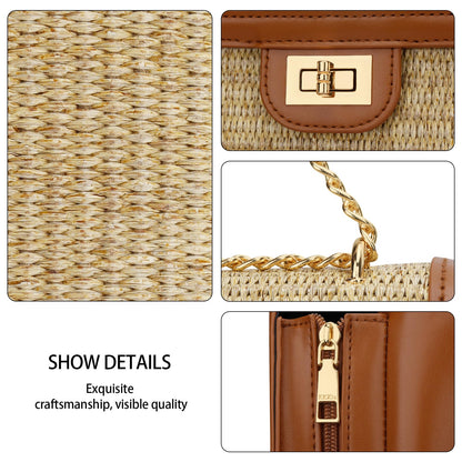 KKXIU Women Small Straw Beach bag Crossbody Bag Summer Shoulder Bag Beach Handbag Vegan Leather Purse (Brown)