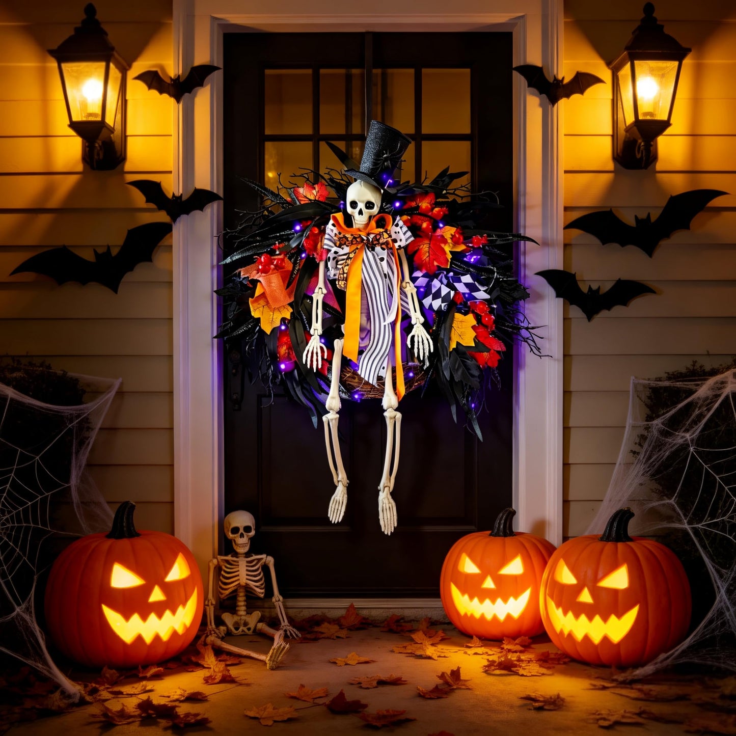 HipTree 28 Inch Halloween Skeleton Wreath for Front Door with Lights, Lighted Gothic Dark Aesthetic Door Wreath with Autumn Leaves Indoor Decorations Centerpiece Party Holiday Wall Home Decor