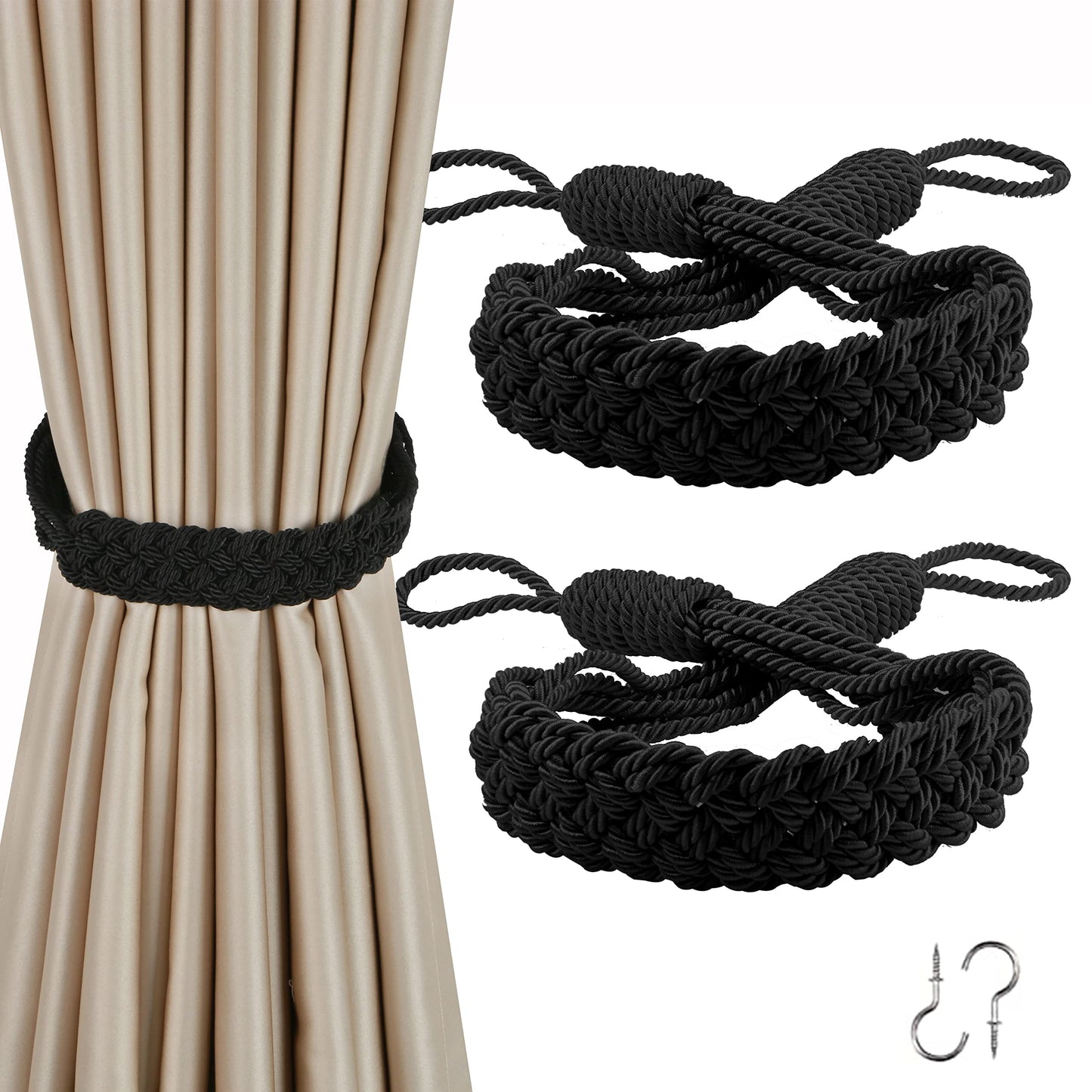 BEL AVENIR Curtain Tiebacks Ropes Hand-Woven Weave Braid Ties Handmade Home Office Decorative Holdbacks with 2 Metal Screw Hooks (Black)