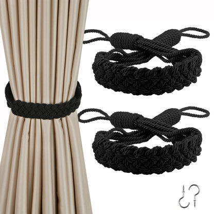 BEL AVENIR Curtain Tiebacks Ropes Hand-Woven Weave Braid Ties Handmade Home Office Decorative Holdbacks with 2 Metal Screw Hooks (Black)