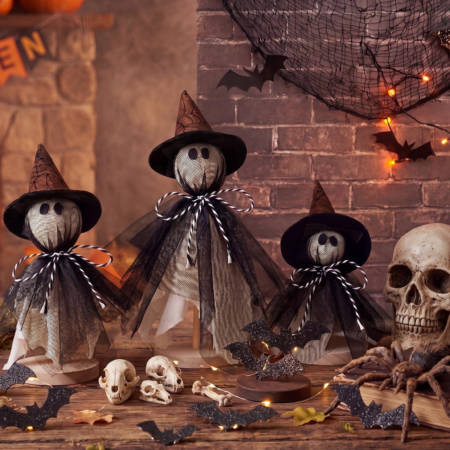 Redbaker 3 Pcs Halloween Decorations Indoor Primitive Halloween Ghost with Witch Hat on Wood Stand Spooky Ghost Tiered Tray Decor Rustic Table Centerpiece for Home Office Mantel Shelf (Black, Gothic)