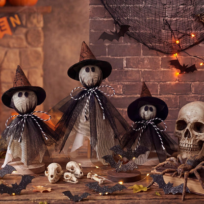 Redbaker 3 Pcs Halloween Decorations Indoor Primitive Halloween Ghost with Witch Hat on Wood Stand Spooky Ghost Tiered Tray Decor Rustic Table Centerpiece for Home Office Mantel Shelf (Black, Gothic)